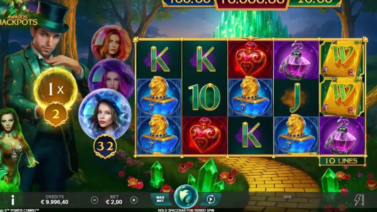 Interface do jogo Book of Oz Magic 5 Power Combo em um smartphone