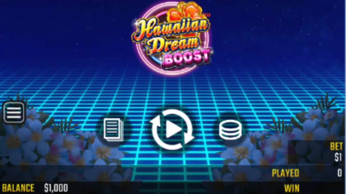 Interface futurista e tropical do slot Hawaiian Dream Boost com equalizador vibrante