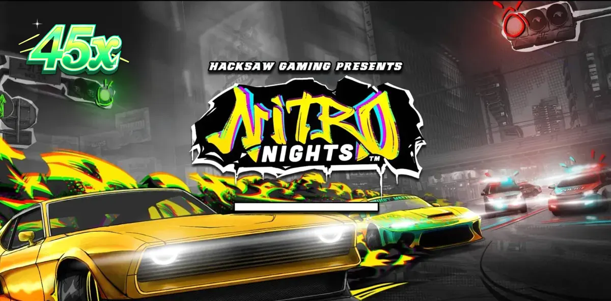 Carro esportivo estilizado em um cenário de cidade neon para o slot Nitro Nights